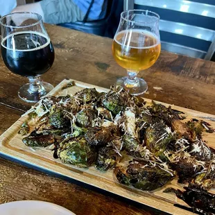 Fried Brussels with Parmesan and Balsamic Reduction