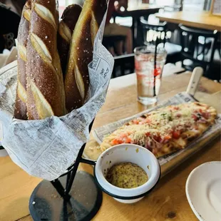 pretzel sticks and bruschetta