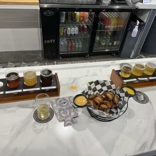 Beer Flights and pretzels