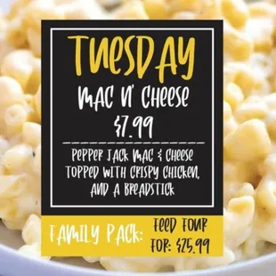 On Tuesdays, we offer mac n' cheese for only $7.99 at Thirsty Buffalo Saloon. Our mac n' cheese includes pepper jack mac &amp; ch...