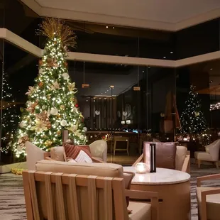 a christmas tree in the lobby