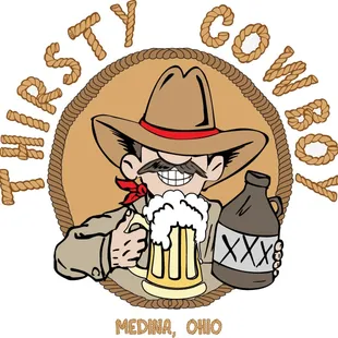 a cowboy holding a mug of beer