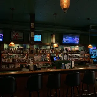 a bar with a row of bar stools