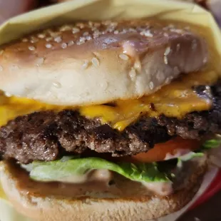 Thirsty Isle cheeseburger with fries &amp; All the fixings