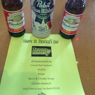 St pattys menu. No green beer or pitcher specials