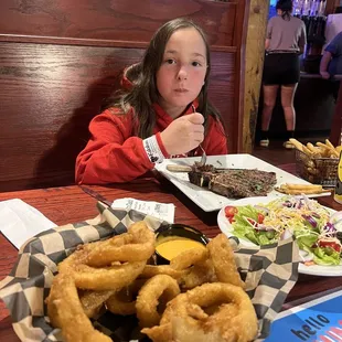 Steak, side salad, and amazing onion rings