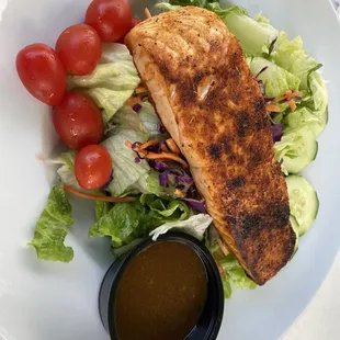 Blackened salmon added to house salad
