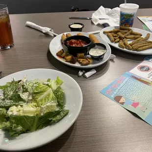 Salad mozzarella sticks and fried green beans.