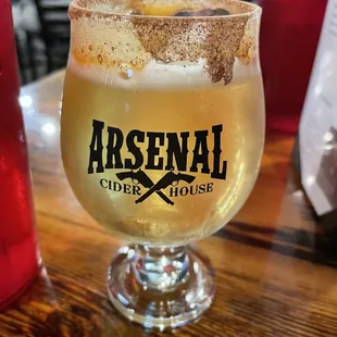 Snowbound Cinnamon cider with caramel and cinnamon rimmed glass