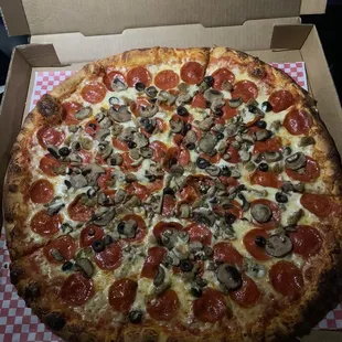 Large pepperoni, Italian sausage, mushrooms &amp; olives