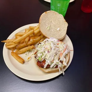 Smoke sausage with slaw &amp; fries