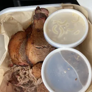 Brisket up top and pulled pork below