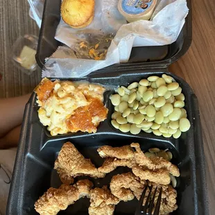 Fried Catfish Nuggets, Mac and cheese and lima beans...yummy :-)