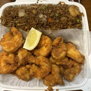 Delicious fried shrimp  and delectable fried rice