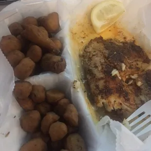 Cajun blackened tilapia! And fried okra. I took the picture after eating half of the food and look at how much is left!!! I&apos;m stuffed