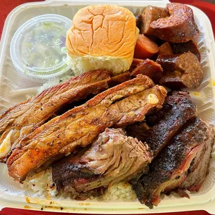 3 meat combo: ribs, brisket and sausage trio