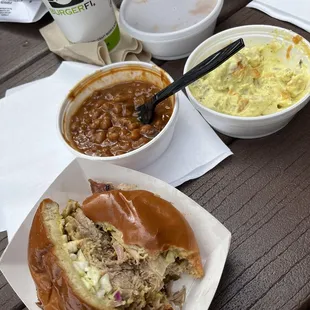 Carolina pork sandwich with beans and potato salad!