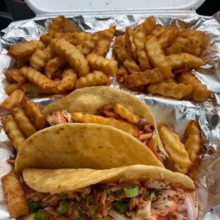 Bourbon Chicken tacos &amp; fries