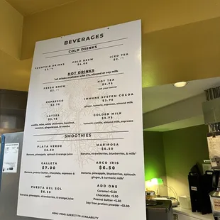Beverage menu