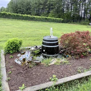 a barrel of wine in a garden