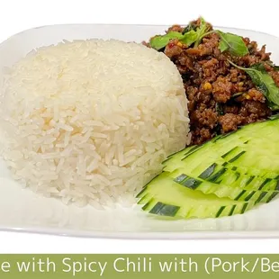 steamed rice with spicy chili with pork and beef chicken