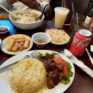 my husband had the Phnom Phen noodle soup with an egg soda, i had beef loc lac with fried rice and also egg rolls everything was deliciouse