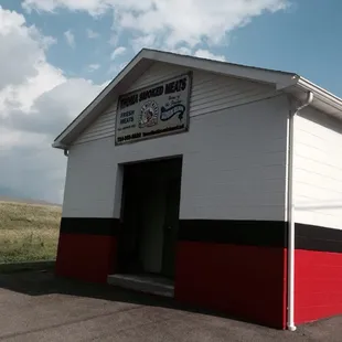 a red and white building