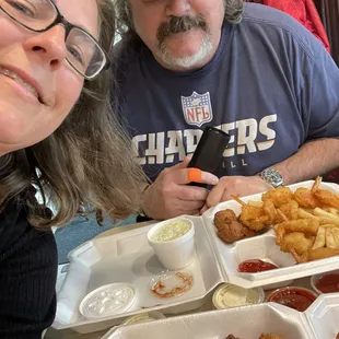 Fried shrimp, hush puppies, fish tacos