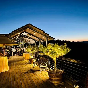 outdoor dining area at dusk
