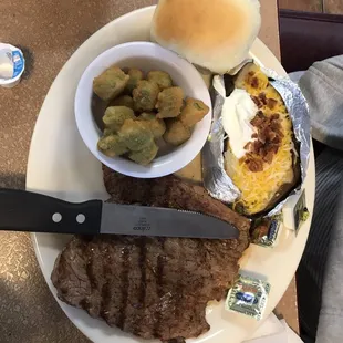 Sirloin beef with bake potato and fried okra