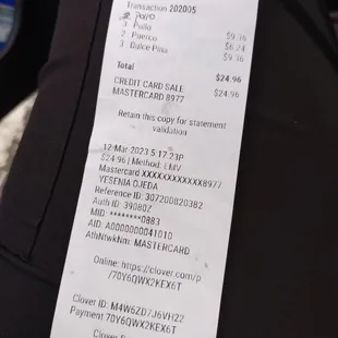 the receipt for the restaurant