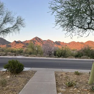 View of mountains at sunset.