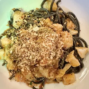Squid Ink Bucatini: scallops, fennel sofrito, calabrian chiles, meyer lemon, breadcrumbs