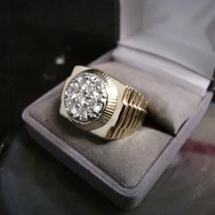 Custom gold Rolex style ring with diamond cluster top