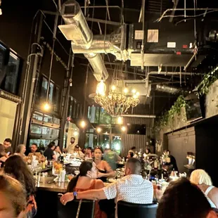 people sitting at tables in a restaurant