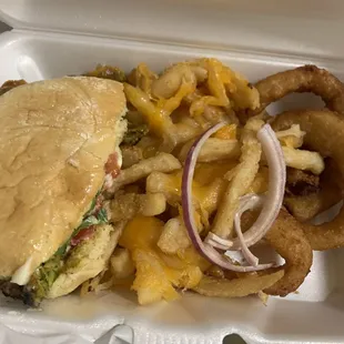 I boxed my own food but it&apos;s the veggie burger and cheese fries!