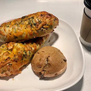 Two Avocado/Egg/Cheese Burridoughs, Chocolate Chip Pecan Cookie, and a Coffee