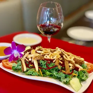 Vegan Crispy Mock Duck Salad with Organic Red Wine @ Thotsakan Thai &amp; Vegetarian Cuisine. #bestthaifoodsandiego