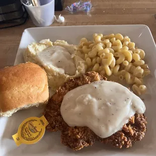 Chicken fried steak, white Mac and cheese, mashed potatoes