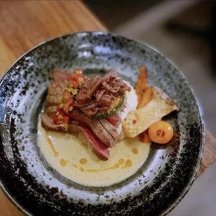Mediterranean Spiced Washugyu Steak, cabernet onion jam, ras-el-hanout cream