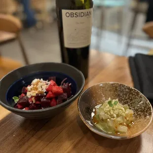 Beet, Soy, Miso, Apple Salad (left) and Hokkaido Scallop Tartare (right)