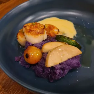 Hokkaido Scallops with purple sweet potato