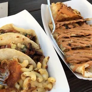 Brisket and pulled pork tacos plus brisket mac-dilla.