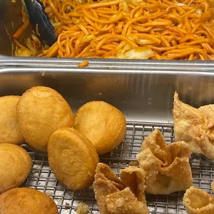 Chow Mien, biscuits and crab Rangoons