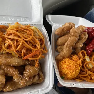 Sesame chicken, General chicken (red) and sweet and sour chicken with sauce on the side.