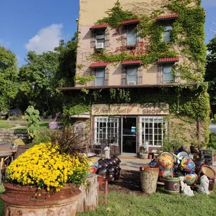 Three story old brick building façade with plants and Talavera pottery.