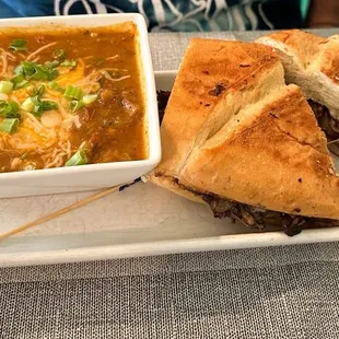 French press w green hatch pork chili