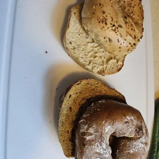 Our at home lightly toasted French toast bagel &amp; Garlic herb!  Enjoyed splitting them!