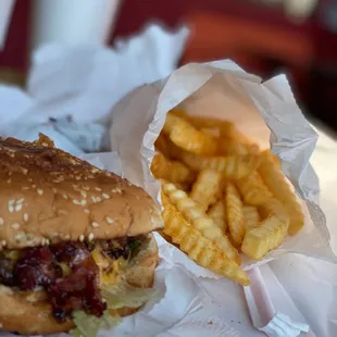 a burger and fries