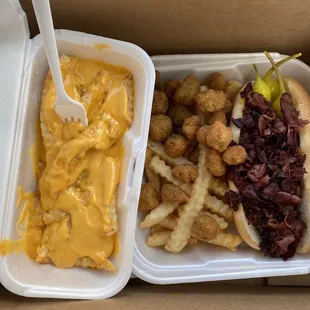 Nacho cheese fries, fried okra and the pastrami